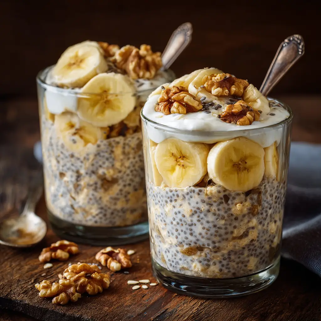 Banana chia seed overnight oats with yogurt and bananas