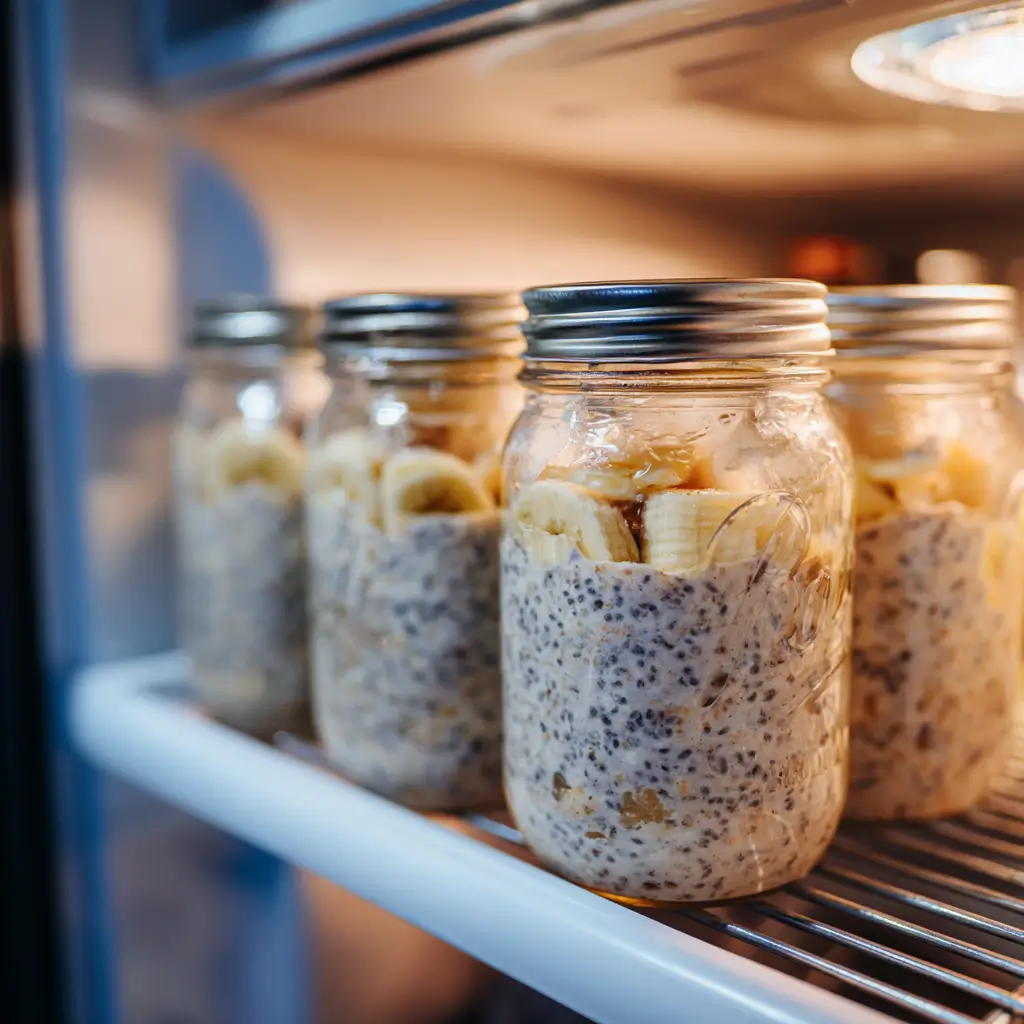 Banana chia seed overnight oats stored for meal prep