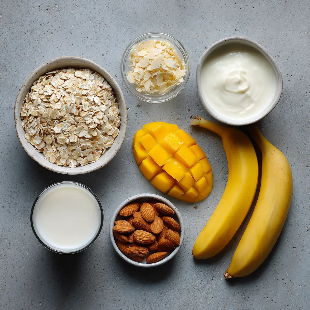 Banana mango overnight oats ingredients laid out