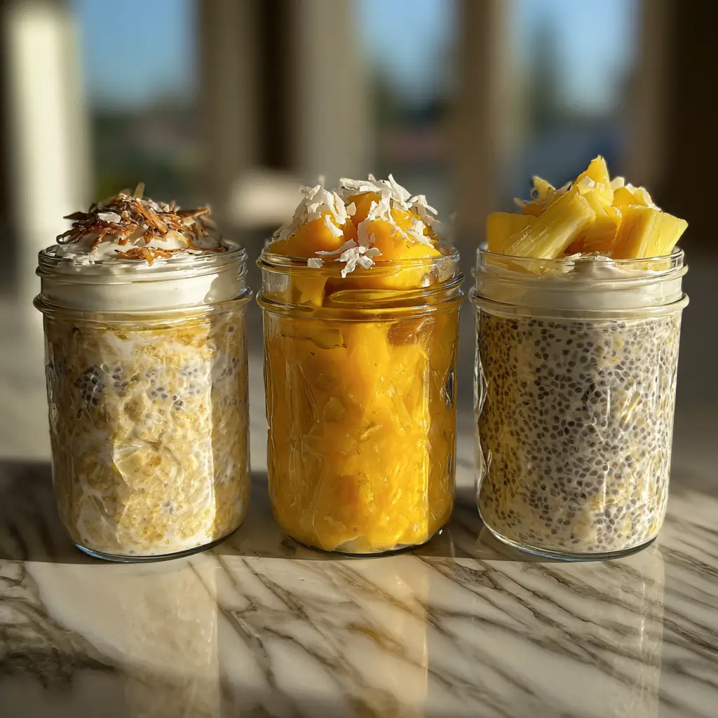 Banana mango overnight oats variations in jars