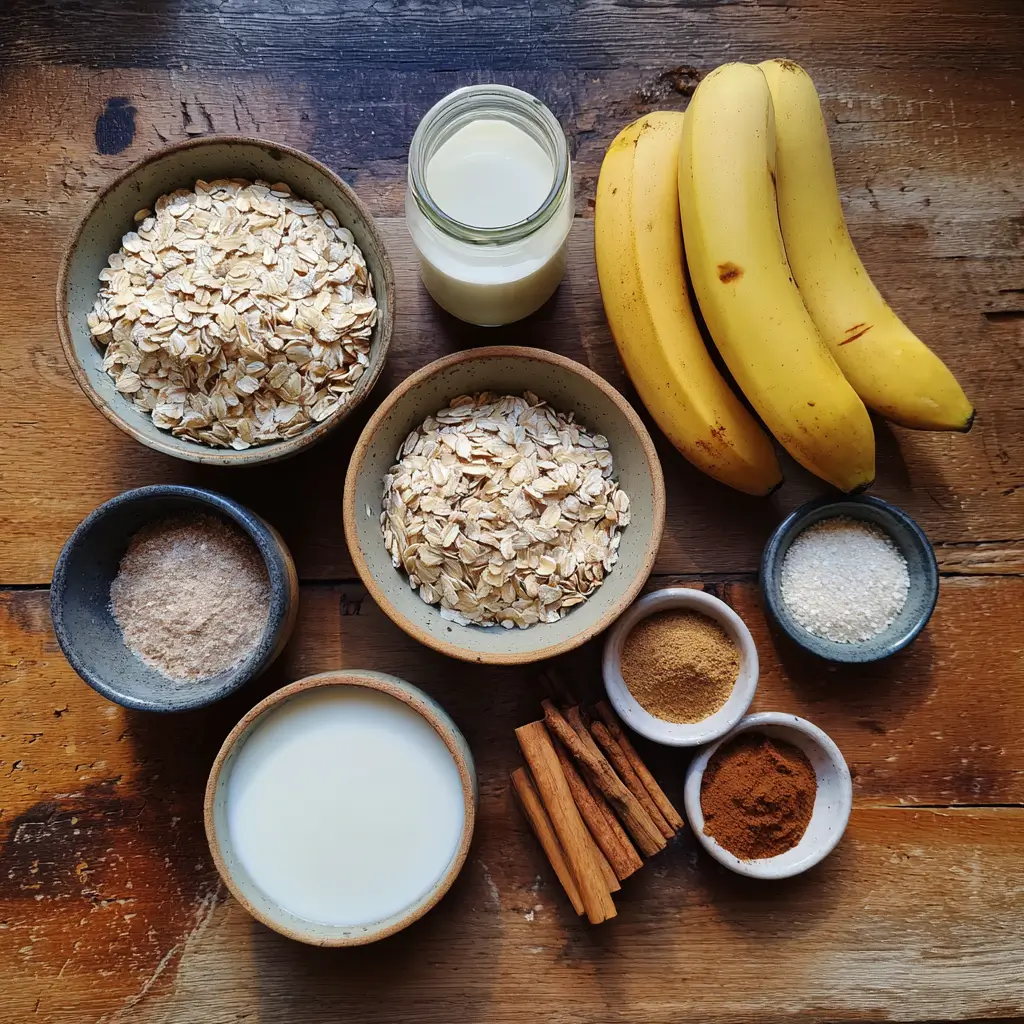Ingredients for banana muffin overnight oats with bananas and oats