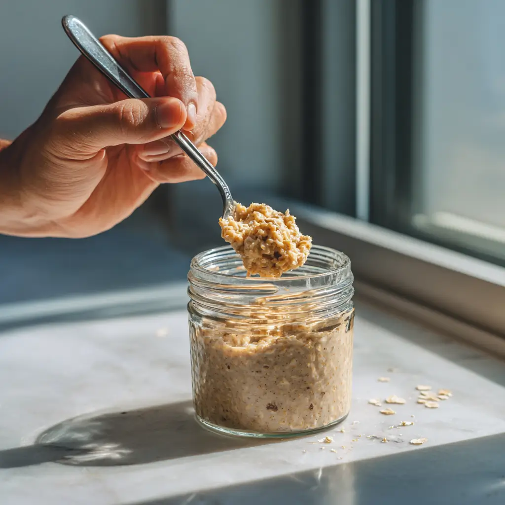 Mixing banana into overnight oats in a clear jar