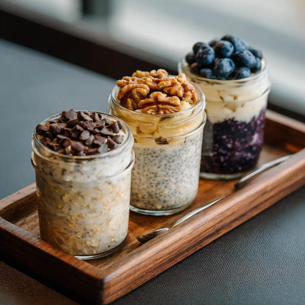 Banana muffin overnight oats topped with chocolate, nuts, and fruit