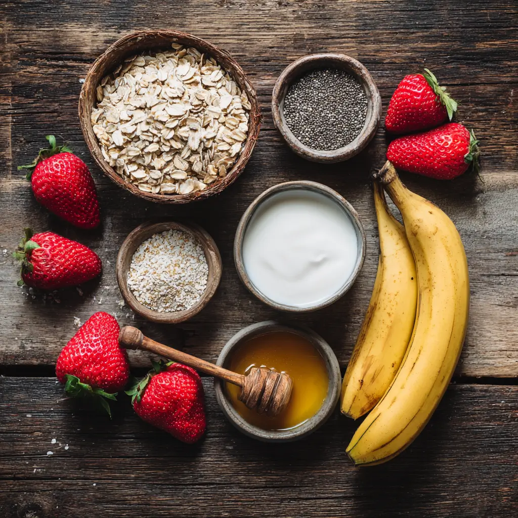 Ingredients for banana strawberry overnight oats including oats, yogurt, milk, banana, and strawberries