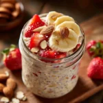Banana strawberry overnight oats breakfast jar with fruit toppings