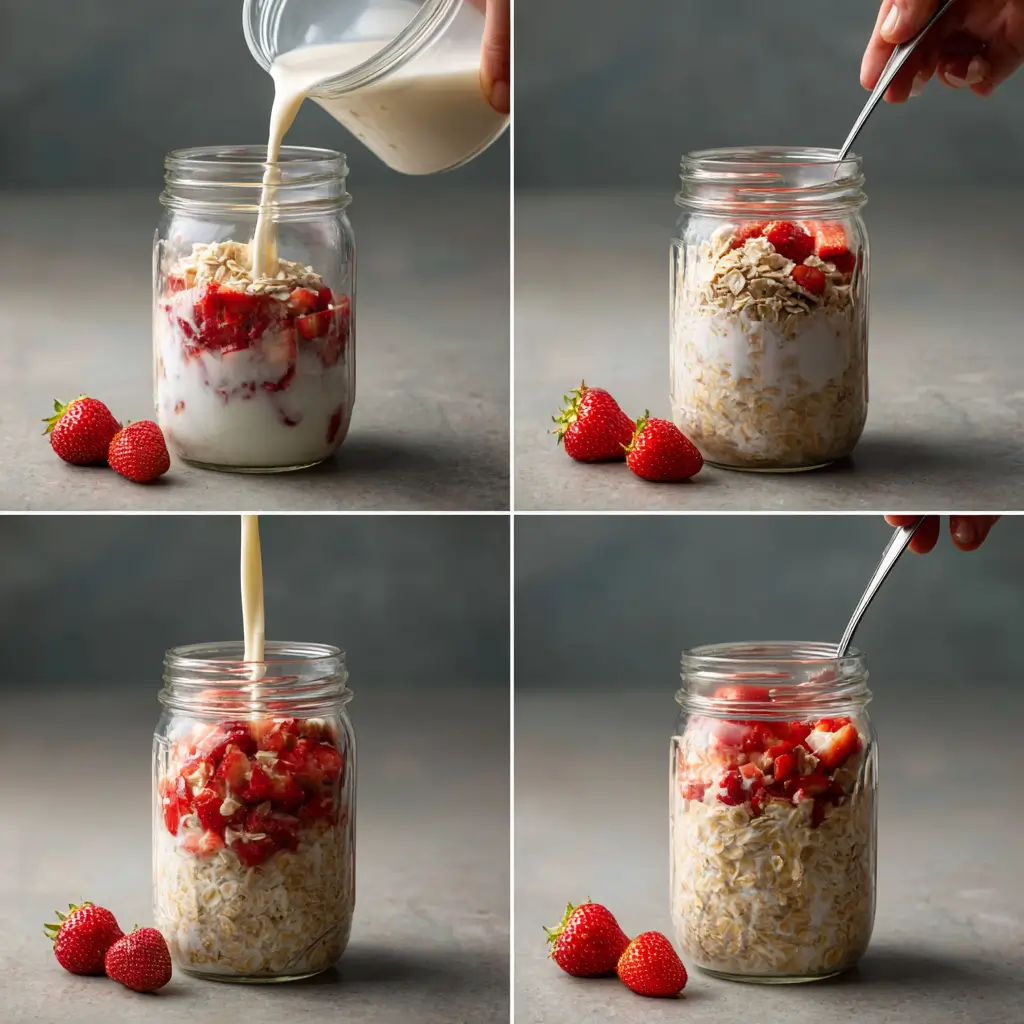 Preparing banana strawberry overnight oats in a mason jar with yogurt and fruit