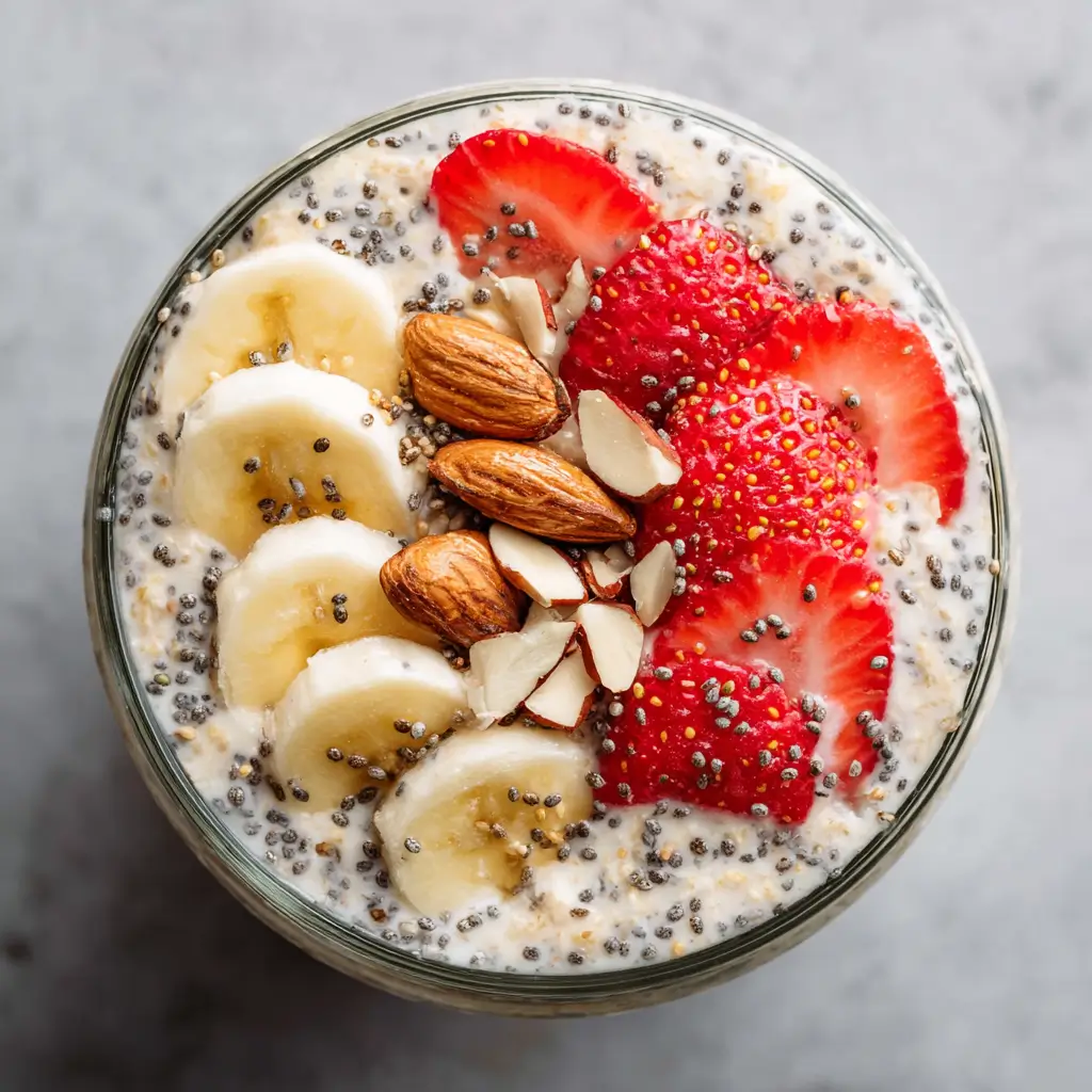 Banana strawberry overnight oats with toppings of fruit and nuts