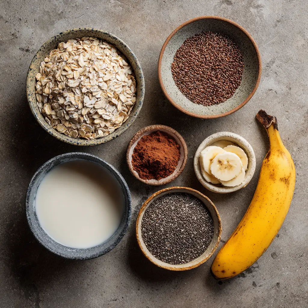 Ingredients for chocolate banana overnight oats arranged on a table