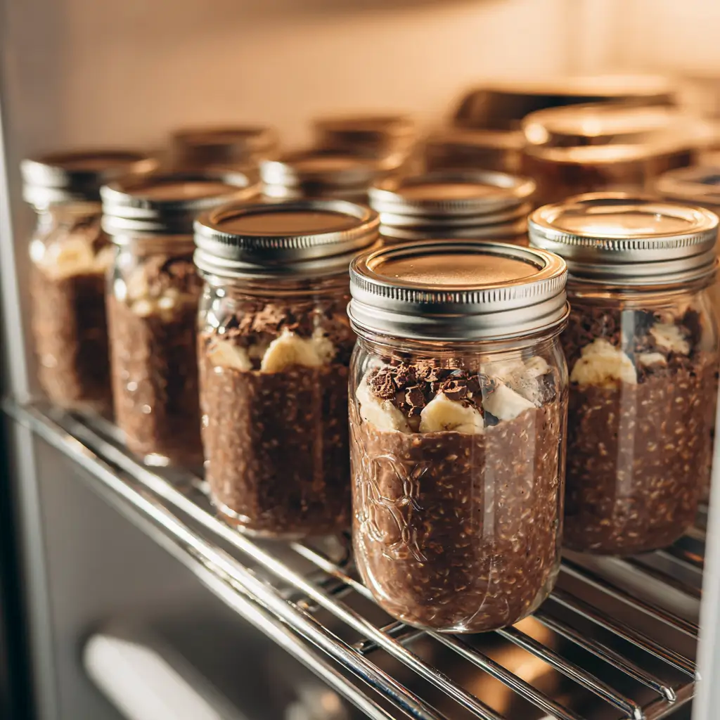 Chocolate banana overnight oats stored in mason jars inside a fridge