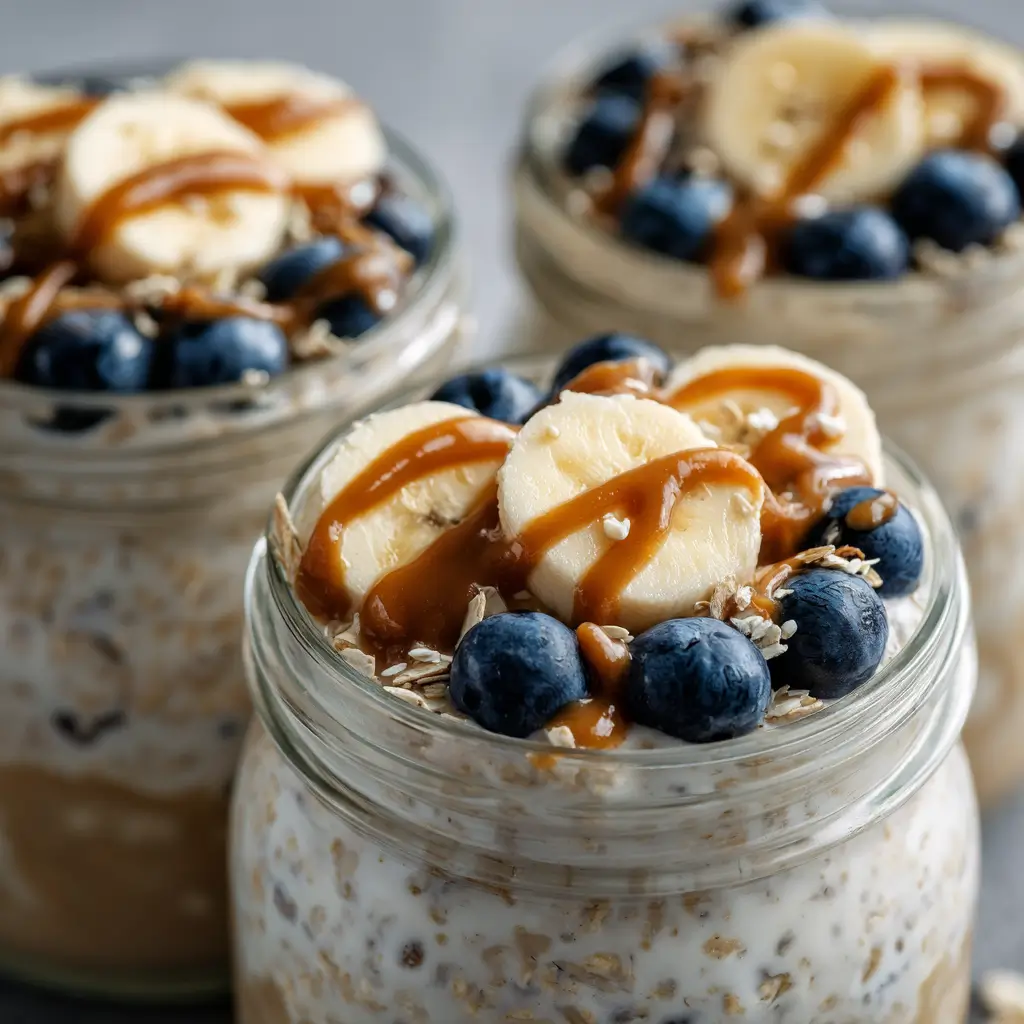Dairy free overnight oats with almond milk and fruit toppings