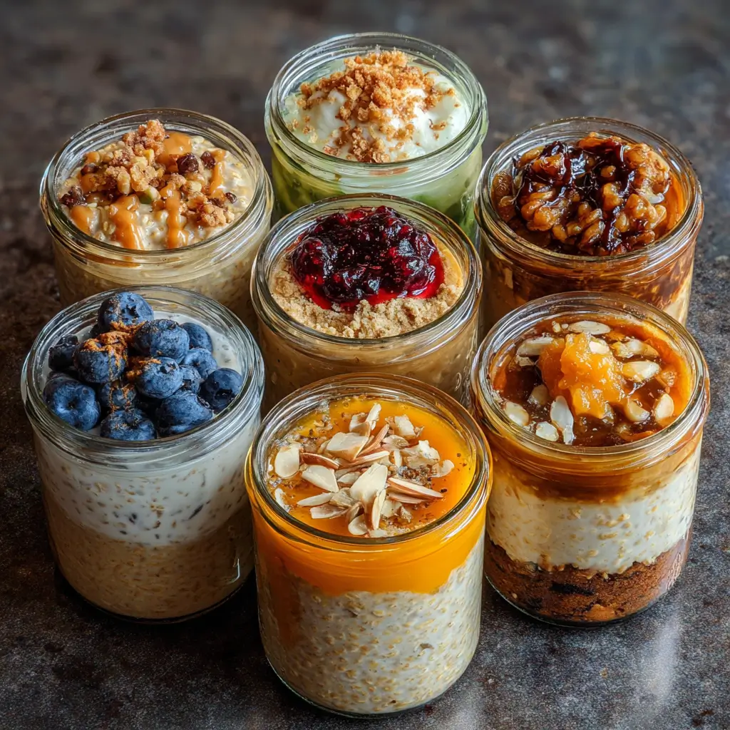 Eight flavors of dairy free overnight oats in glass jars