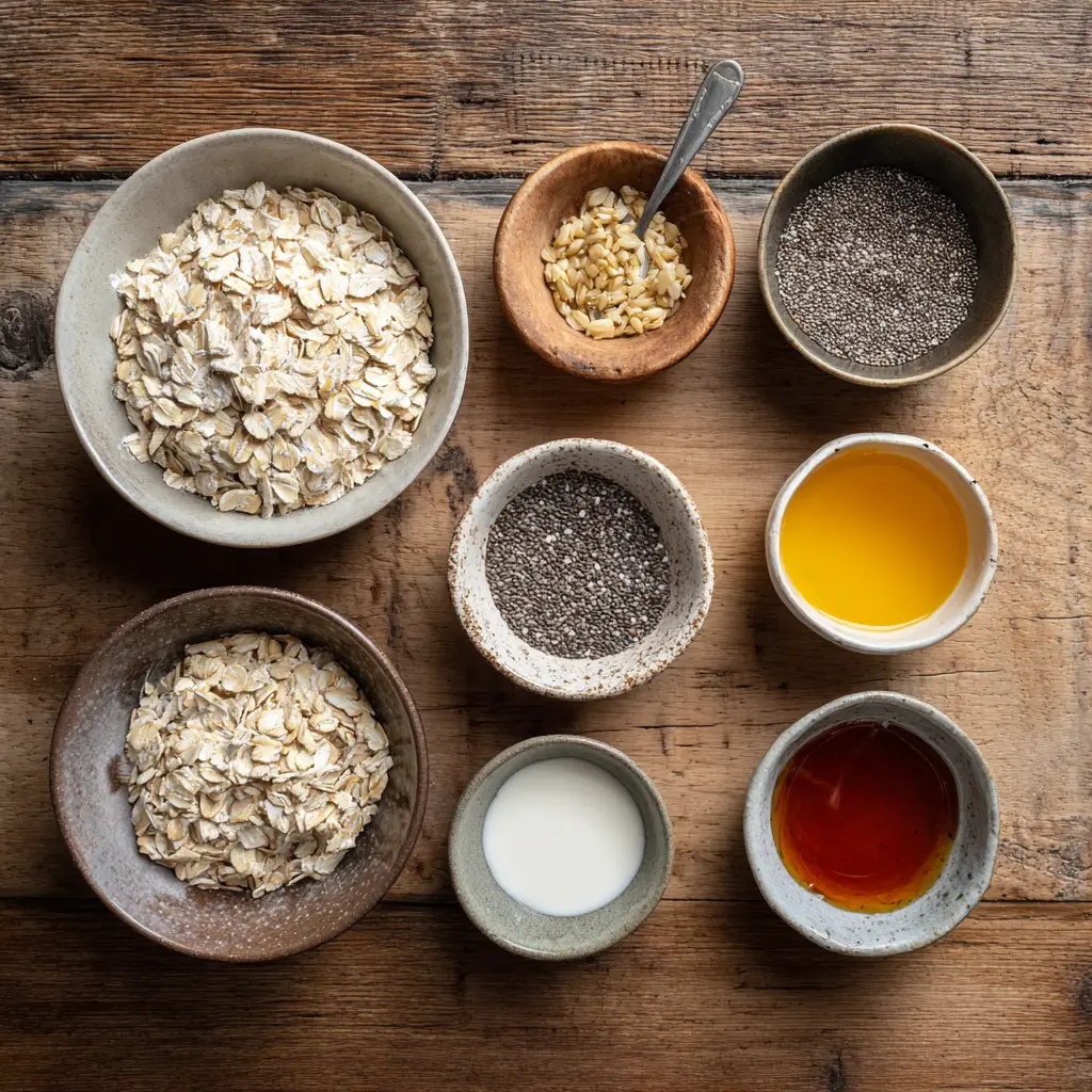 Ingredients for dairy free overnight oats with almond milk and chia seeds