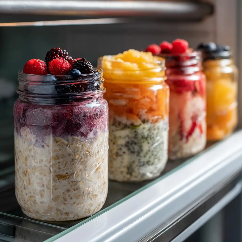 Mason jars of dairy free overnight oats stored in the fridge