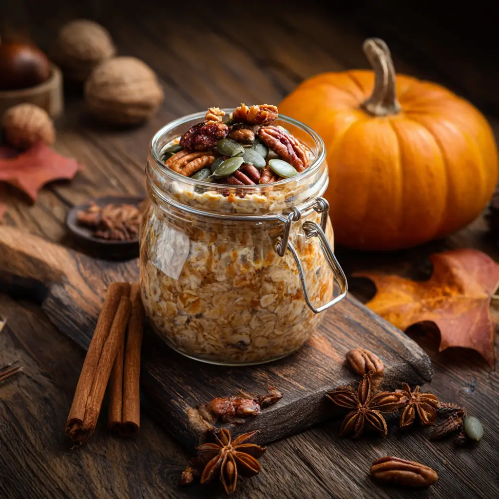 Fall pumpkin vegan oats with pecans and cinnamon
