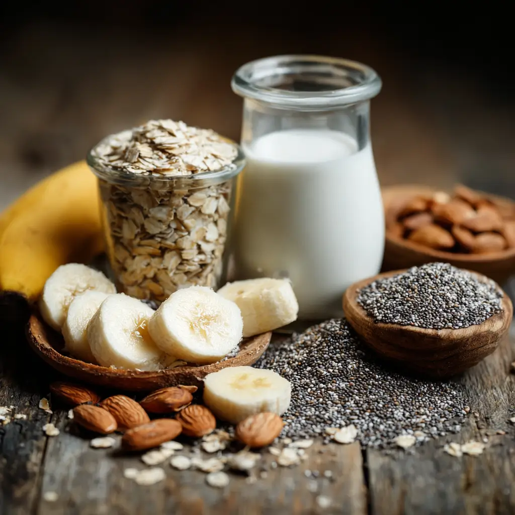 Fiber in overnight oats ingredients with oats, seeds, and fruit