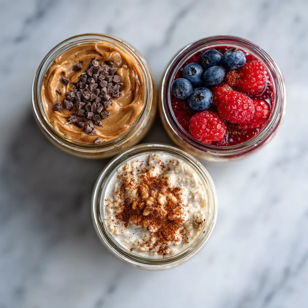three jars of gluten free overnight oats in different flavors