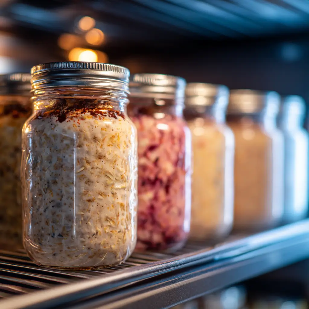 gluten free overnight oats meal prep jars in refrigerator