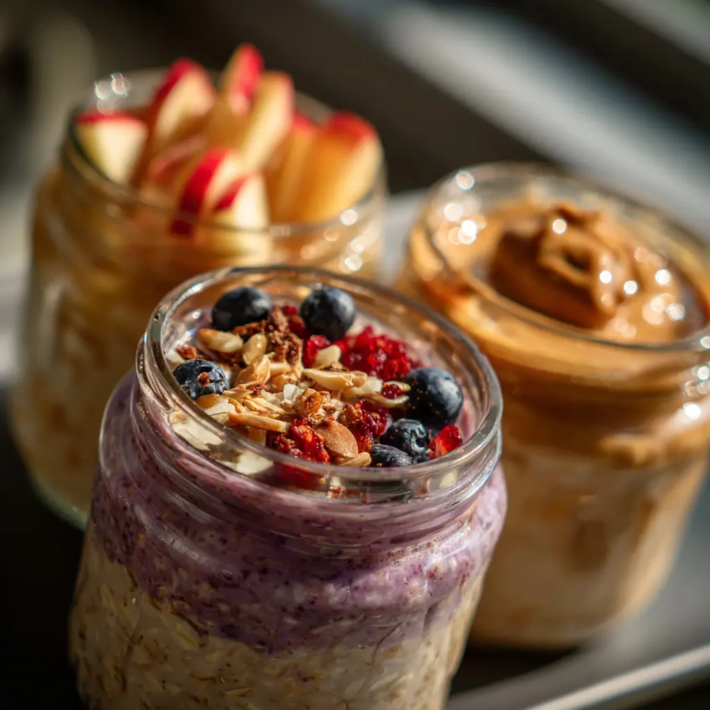 Heart healthy overnight oats recipes in jars with fruits and nuts