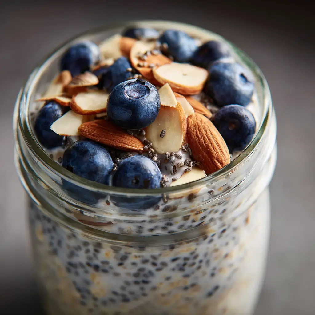 Heart healthy overnight oats in jar with berries and nuts