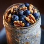High fiber overnight oats with berries and nuts in a jar