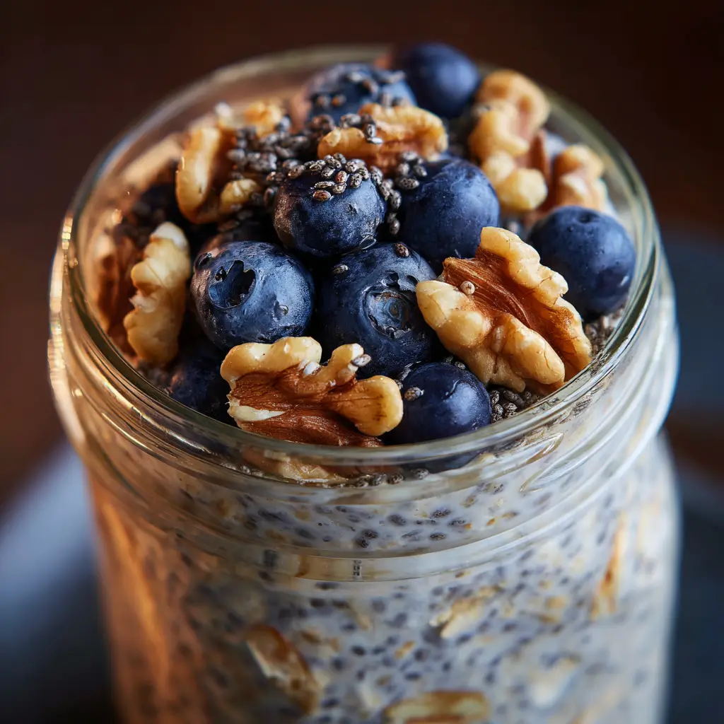 High fiber overnight oats with berries and nuts in a jar