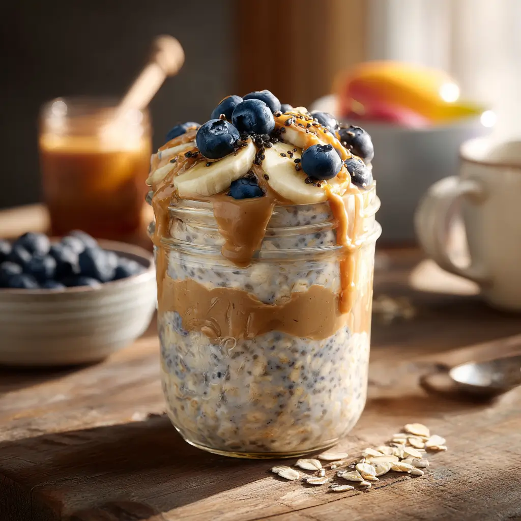High protein overnight oats with fruit and nut butter for energy and weight loss