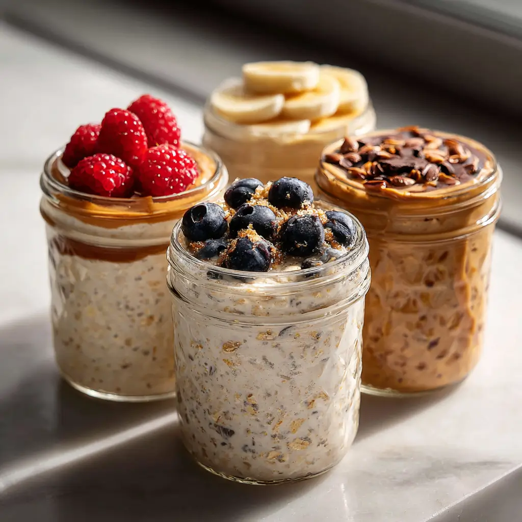 High protein overnight oats recipes in jars with toppings