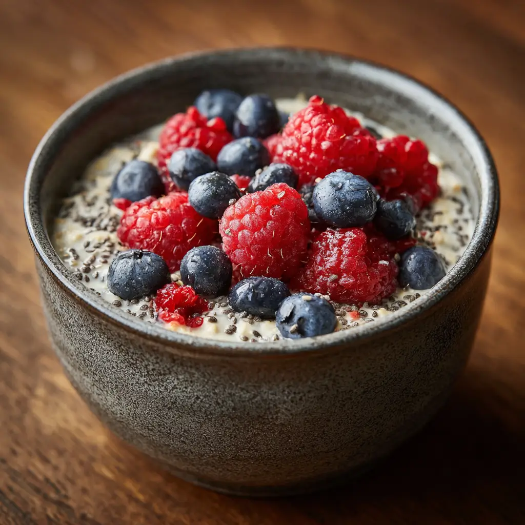 keto overnight oats with berries and seeds in a bowl