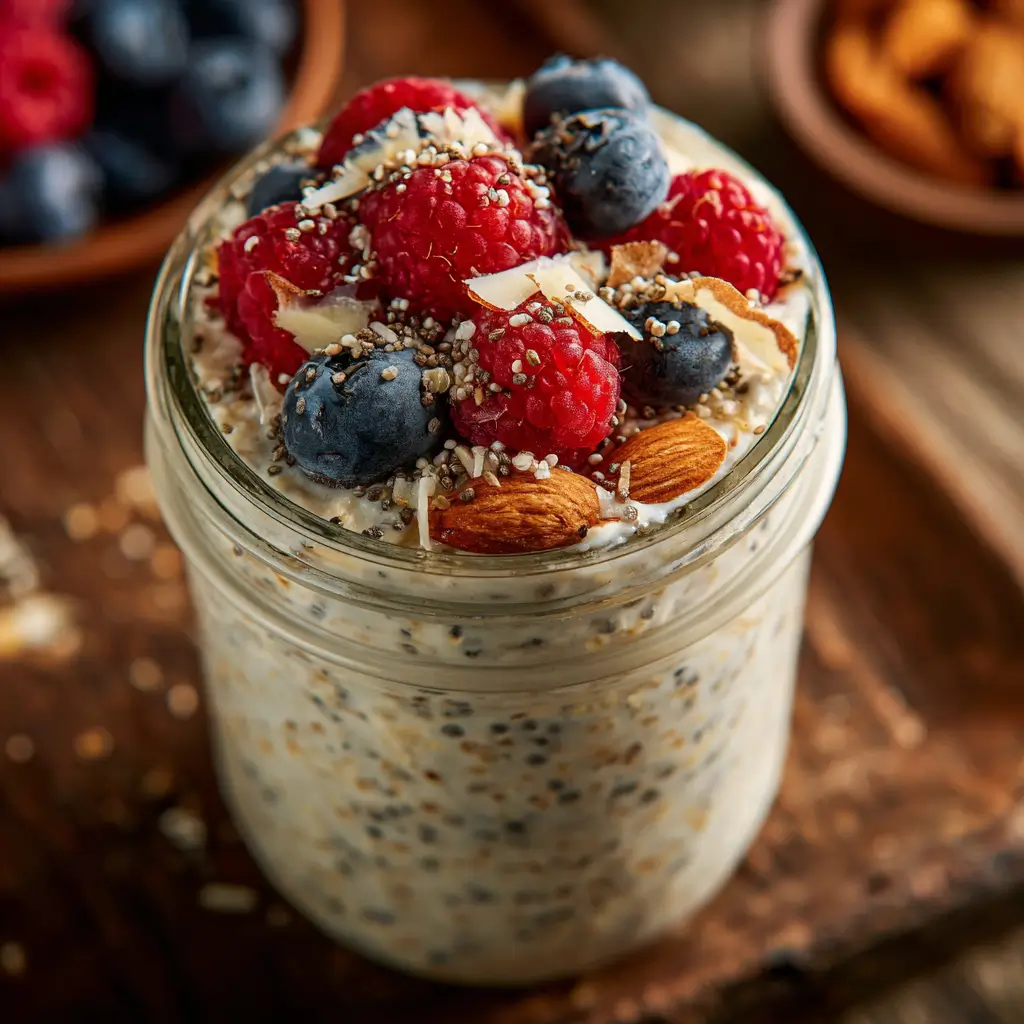 Keto overnight oats with chia, hemp, coconut, and fresh berries