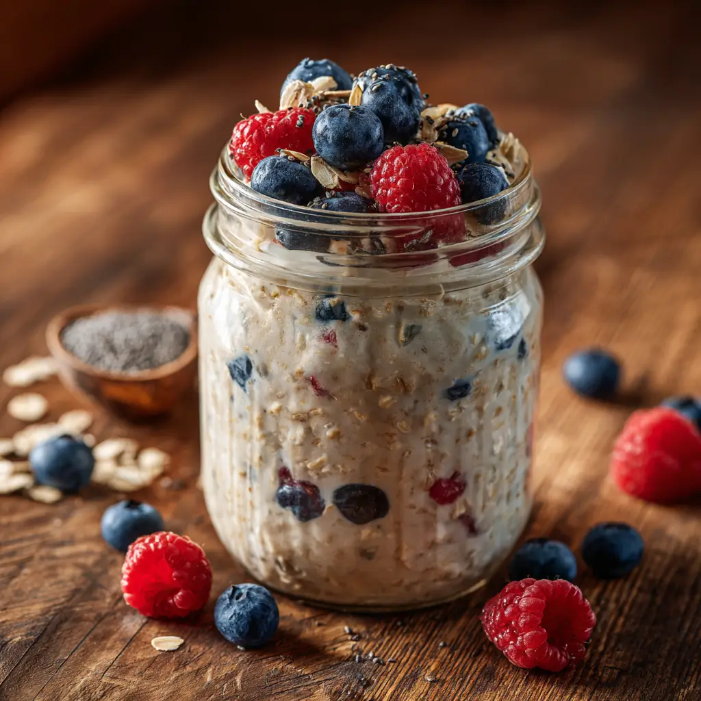 Low calorie overnight oats recipe with fresh berries in a mason jar