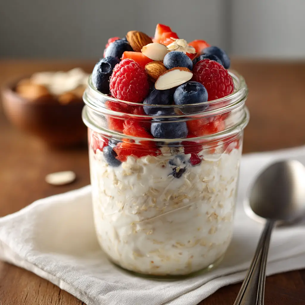 Low calorie overnight oats WW breakfast in a mason jar with berries and almonds