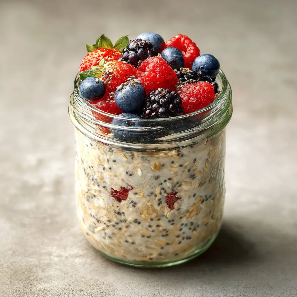 Low sugar vegan overnight oats with berries and chia