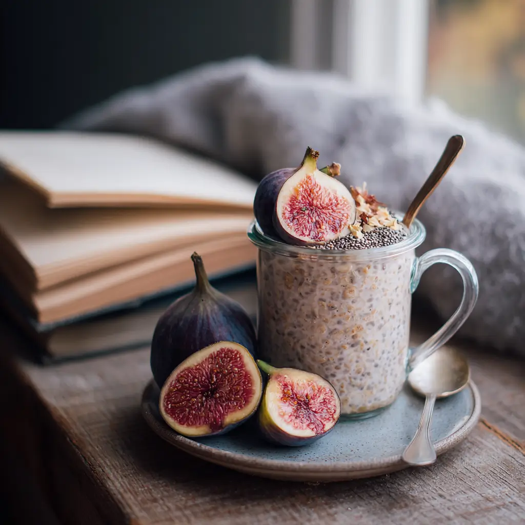 Magnesium overnight oats topped with chia and figs