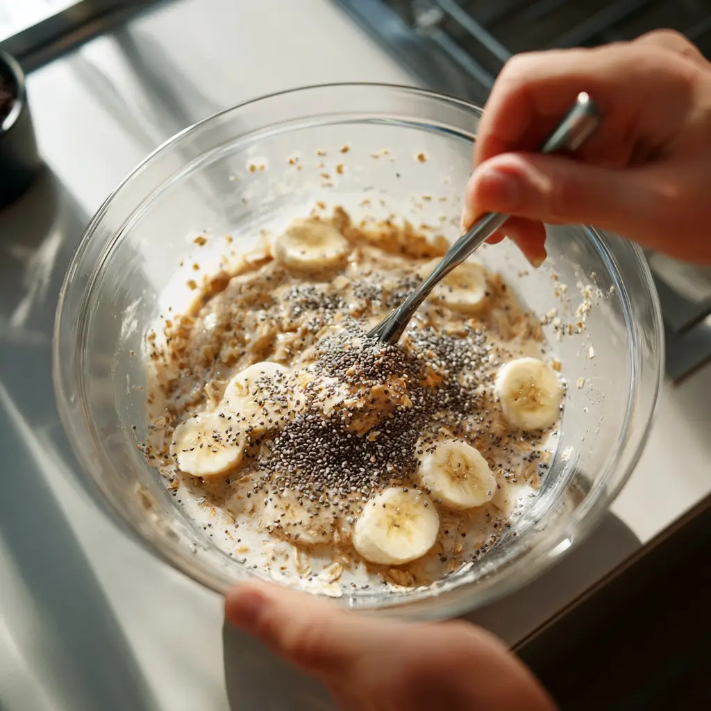 Preparing banana chia seed overnight oats step by step