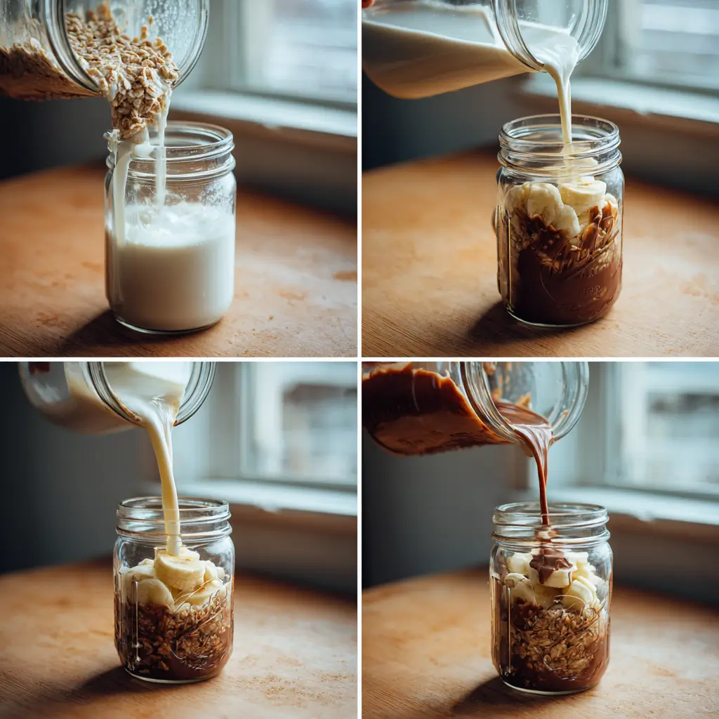 Step-by-step preparation of chocolate banana overnight oats in a mason jar