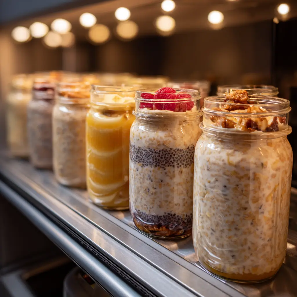 Meal prep banana overnight oats recipe jars in fridge