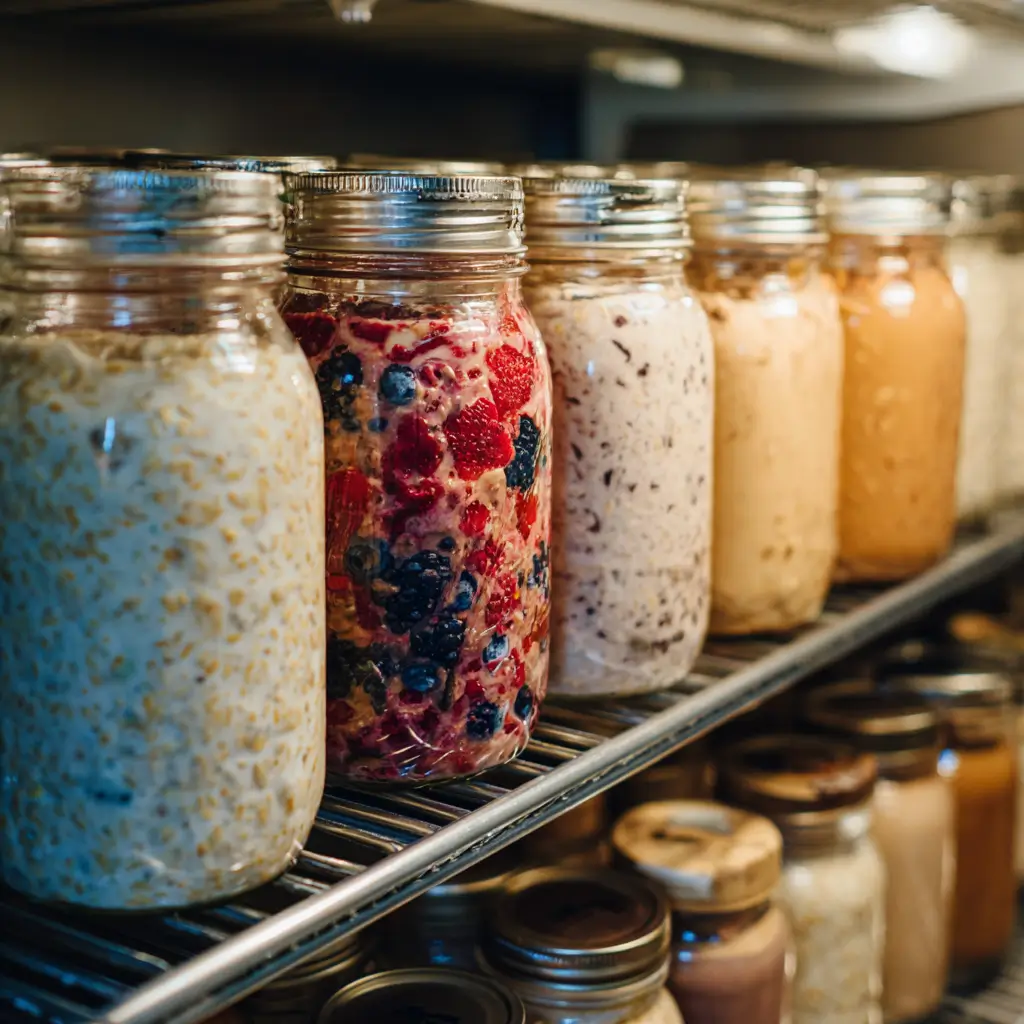 meal prep jars of high protein overnight oats in fridge
