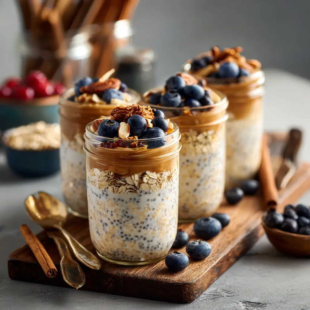 meal prep overnight oats for weight loss in mason jars with fruit and chia seeds