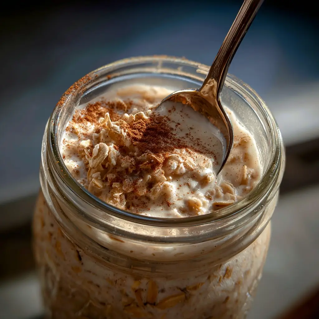 mixing apple cinnamon overnight oats in jar