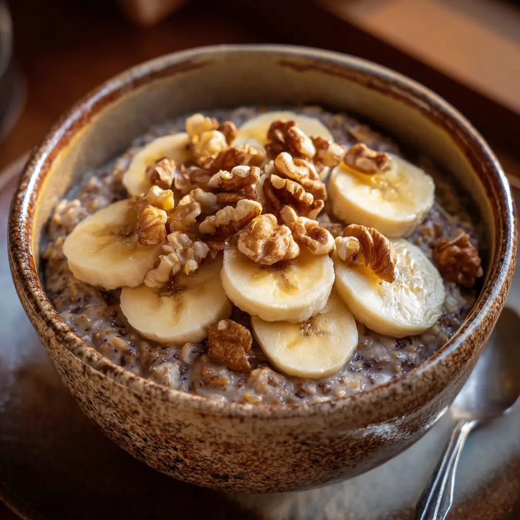 Oatmeal breakfast bowl with bananas and walnuts
