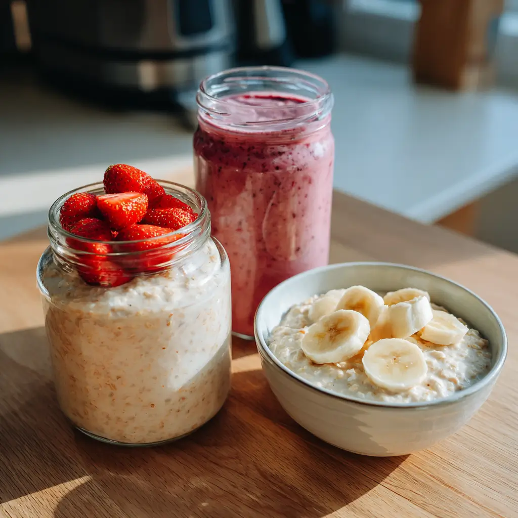 Overnight oats calories comparison with smoothie and oatmeal side by side