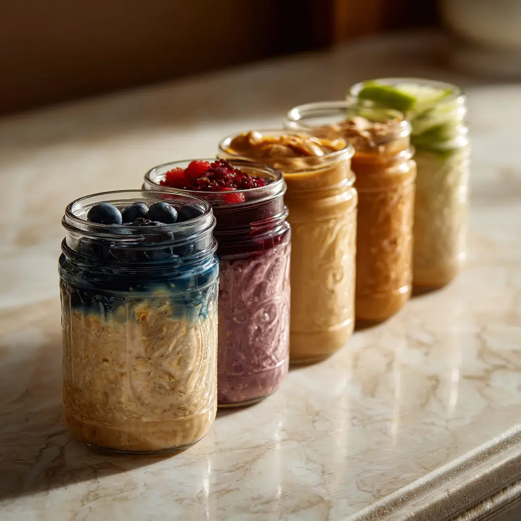 meal prep overnight oats jars different flavors