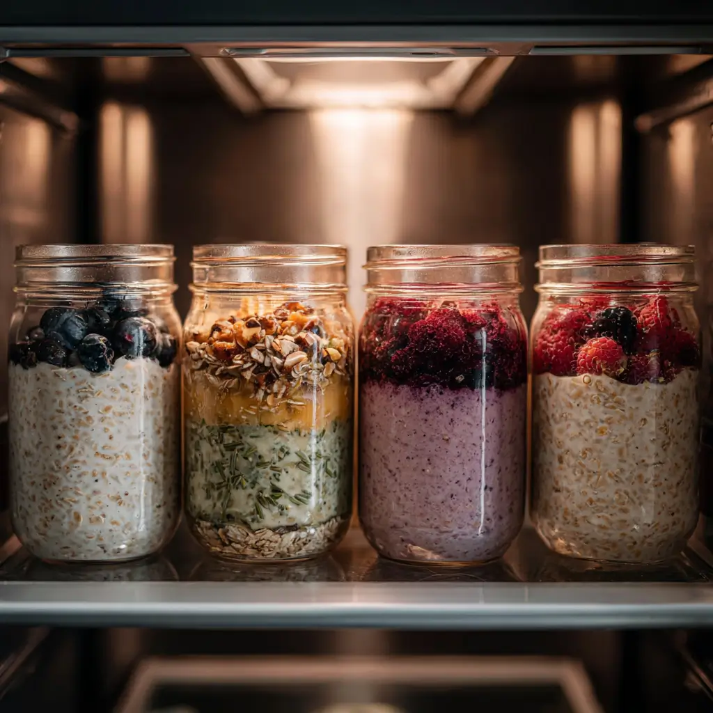 Meal prep jars of high protein overnight oats weight loss breakfast stored in fridge