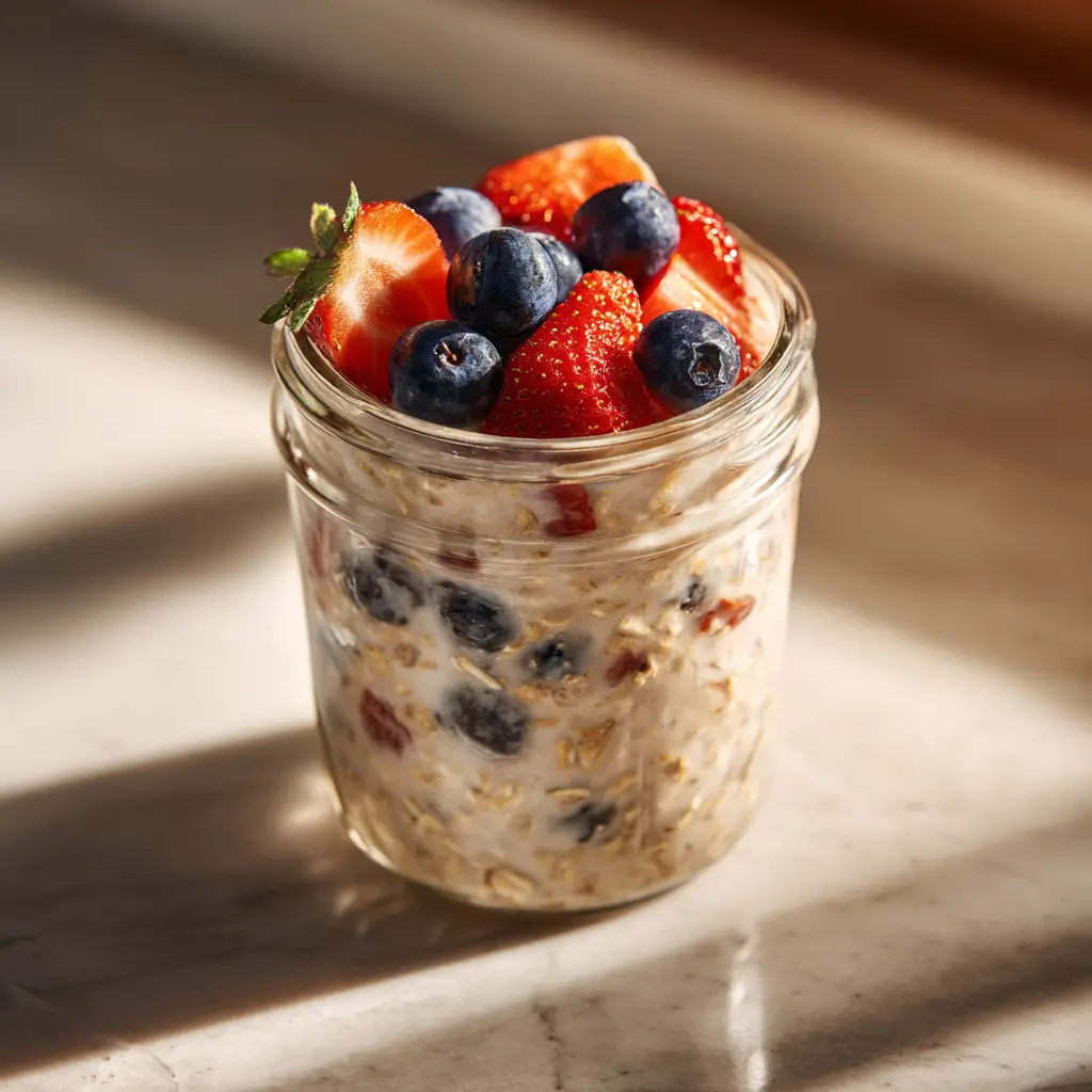 overnight oats vs other WW breakfasts jar with fruit topping