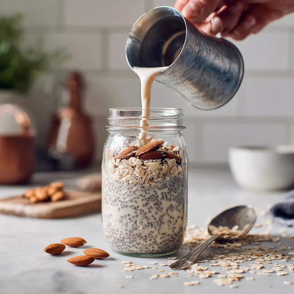 pouring almond milk into mason jar overnight oats