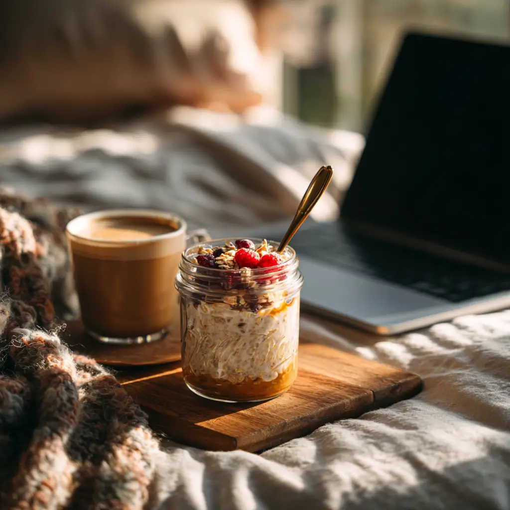 Protein overnight oats on a breakfast table with coffee