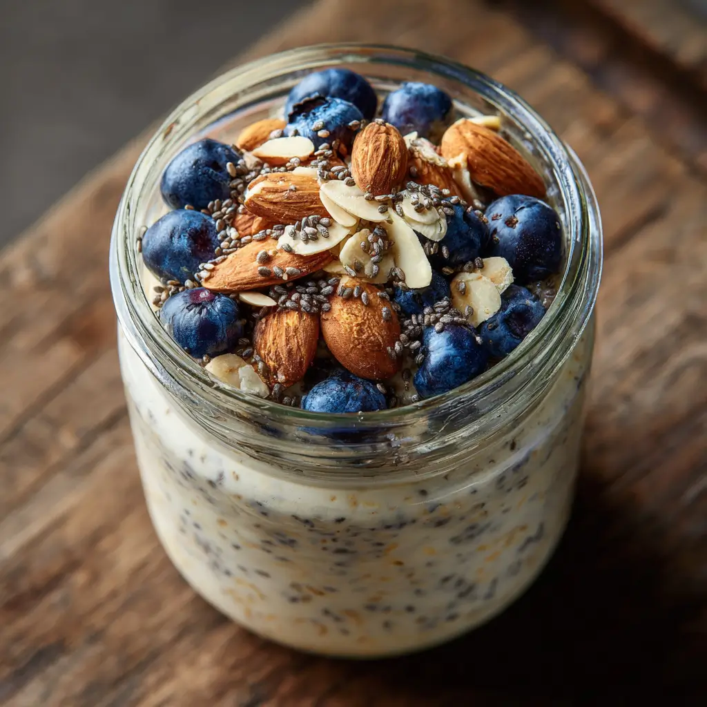 Protein overnight oats in a jar with blueberries and almonds