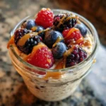 quick overnight oats in a jar with berries and honey