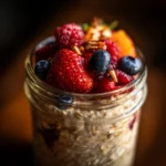 Seasonal WW overnight oats in a mason jar with fresh toppings