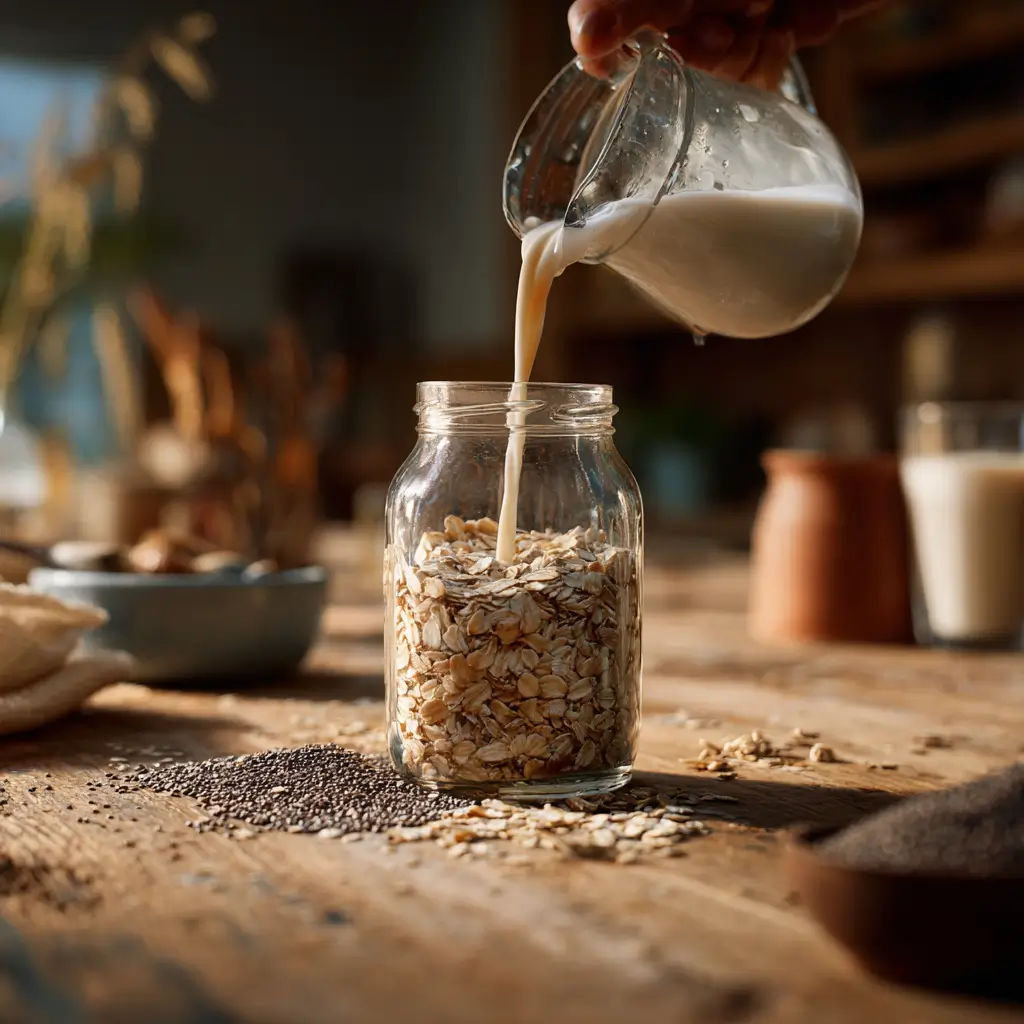 Soy free overnight oats prepared with oat milk and chia seeds